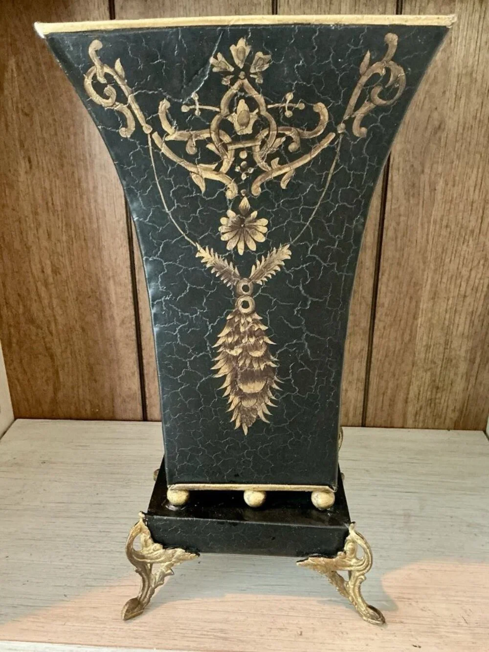 Hollywood Regency tole Planter Vase Black Crackle Gold Florentine Footed 13